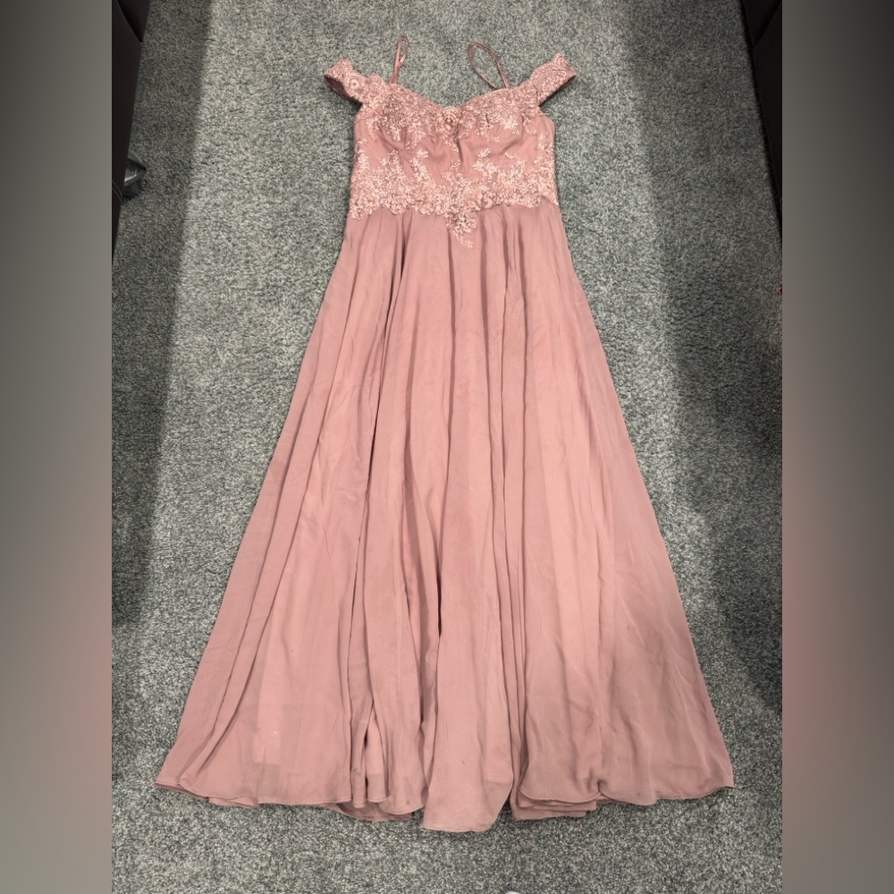 Elegant Bridesmaid’s Dress Pink Off-Shoulder with Lace Bodice - Dusty Rose